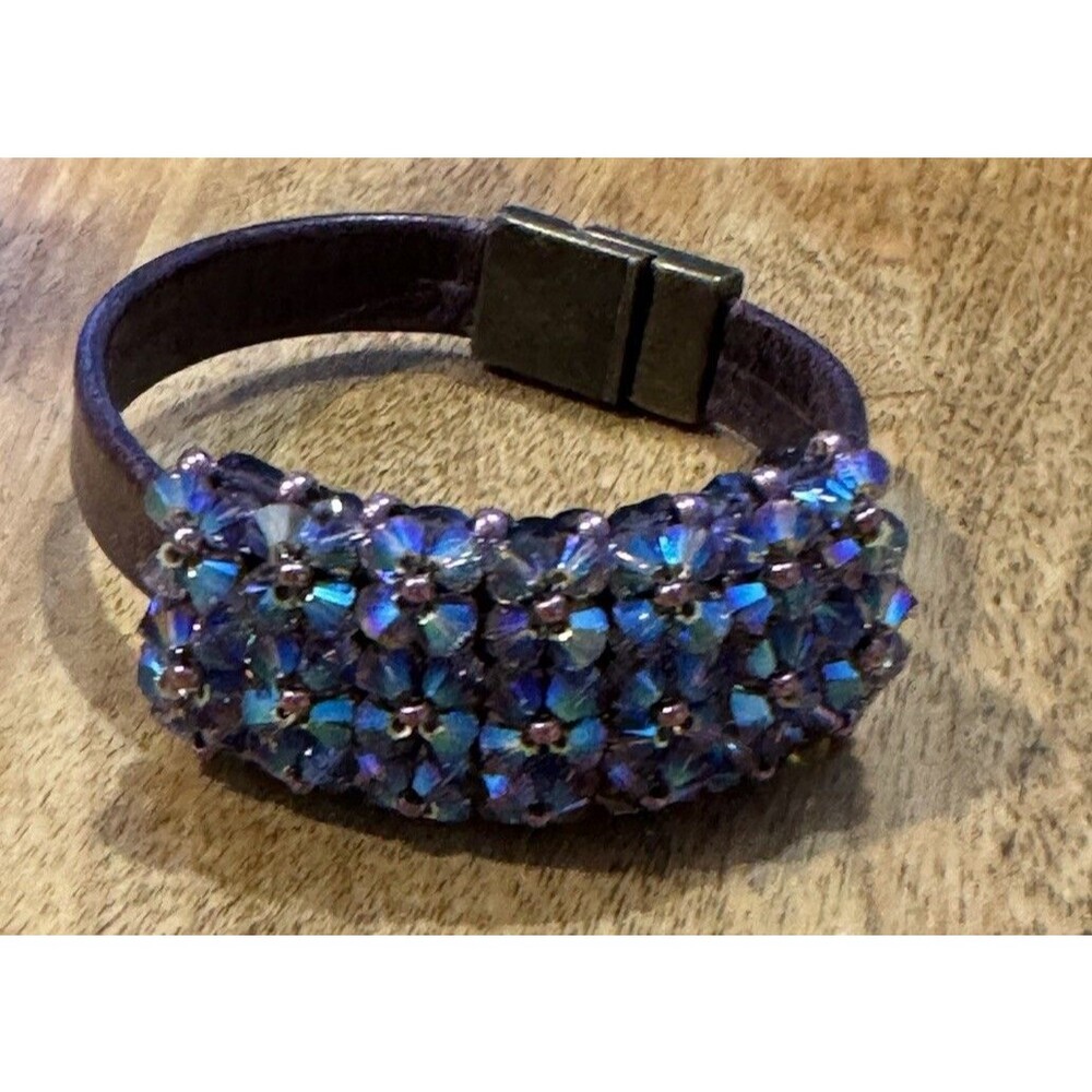 Hand stitched Faceted Blue Iridescent beads on Vintage brown leather bracelet